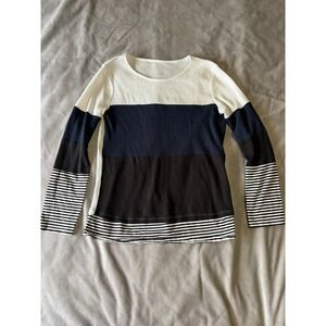 Waffle Knit Colorblock Striped Long Sleeve Thermal Top Navy Black White Large